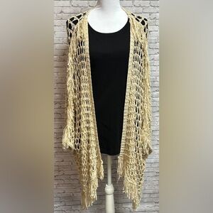 JOHN FASHION Open Knit Medium Beige Cardigan BOHO Swim Cover Sweater Fringe